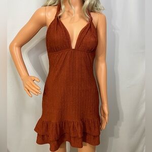 Rust Brown Halter Mini Dress with Ruffle Hem Women’s Size M